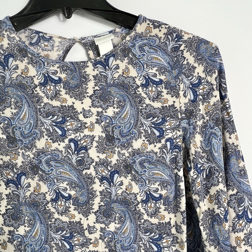 H&M Womens Size 6 Blue Paisley Shift Dress 3/4 Sleeve Keyhole Back VGC‎